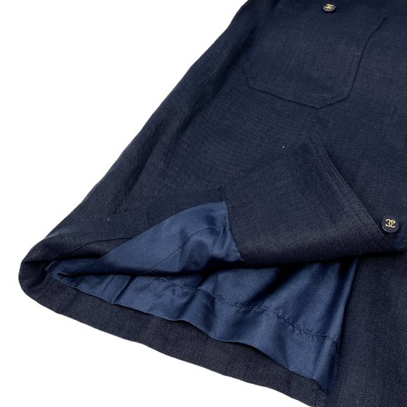 CHANEL Vintage CC Mark Button Linen Jacket Skirt Set #40 Dark Blue [102994] - Picture 12 of 12